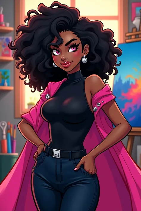 Dark-skinned brunette girl , curbilinea , with pink eyes and curly black hair ,  wearing a sleeveless black turtleneck shirt and a pink cape that exposes her shoulders,  in the background of her art studio full of color .  Cartoon and anime style like a ni...