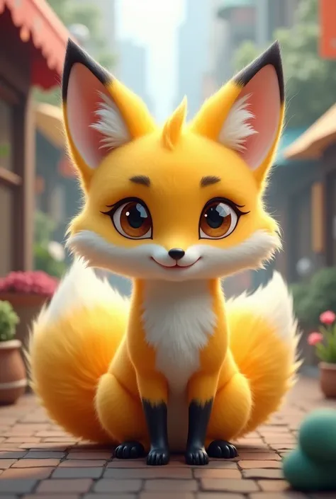 yellow fox, with a double tail with a white tip and a white breast, in a city