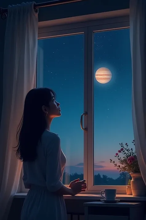 Woman looking at Jupiter out the window of her house 
Photo 