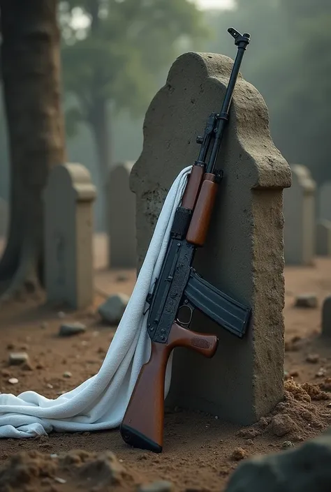 Create an image of a white Arabian handkerchief tied to an ak47 next to a grave