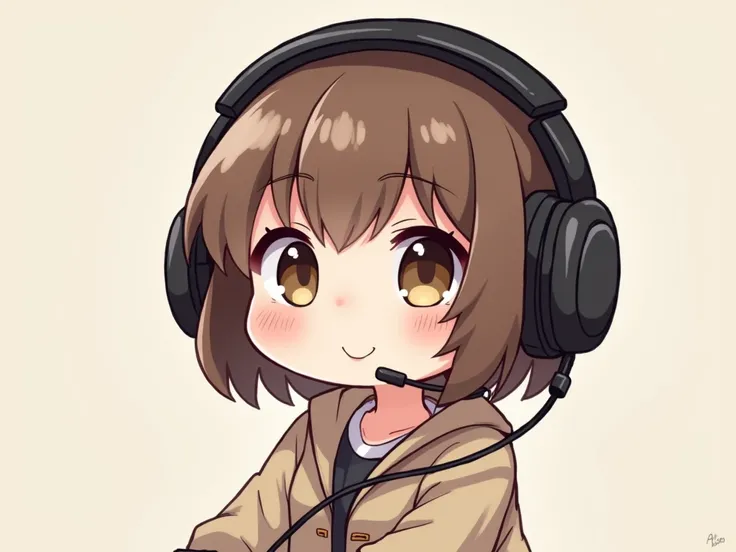  A chibi-style character with brown hair ,  short at shoulder length and with fringe ,  dark brown eyes , And a black gamer headset on the head 