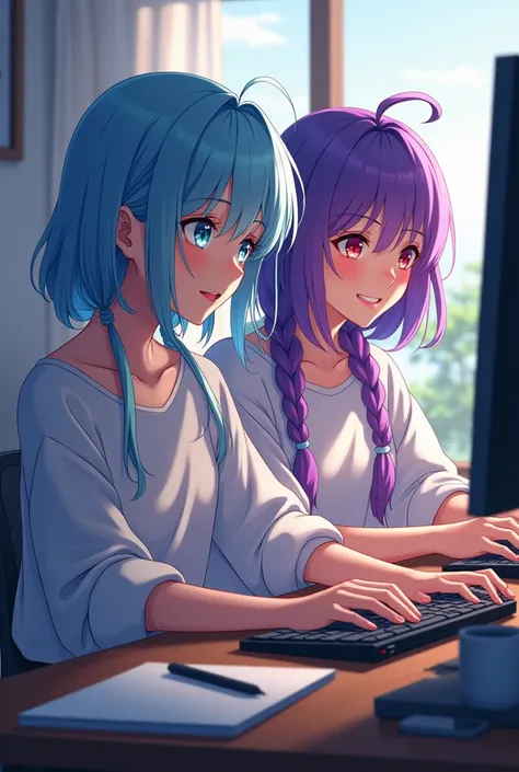 Create an 18-year-old anime girl who is called Emi with light blue hair and light blue eyes Create an 18-year-old anime boy What is called Sai 18 years old with purple hair And Red Eyes Sai And Emi are working say Sai is a programmer And Emi a graphic desi...