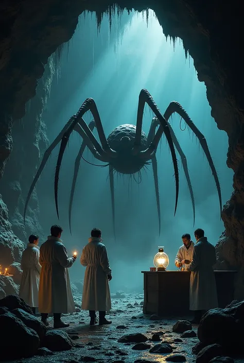 A group of scientists deeply focused on conducting experiments in front of a dark cave. At the entrance of the cave, some of the scientists stand intrigued, observing a monstrous creature emerging from the darkness. The creature has a terrifying, spider-li...