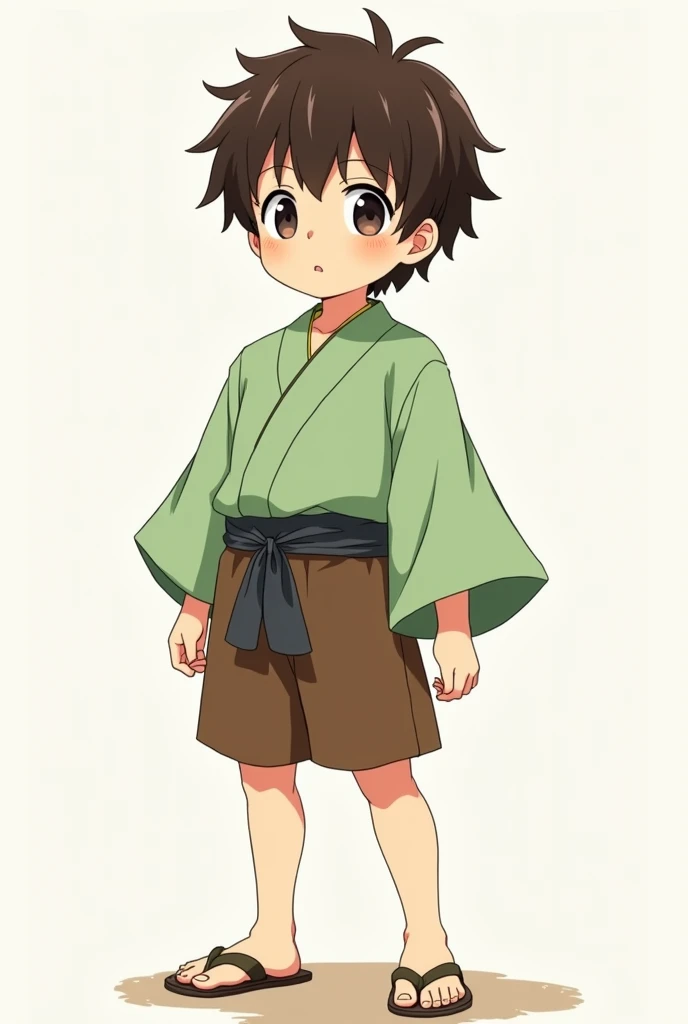 Full body image of anime mediaeval three year old , Rico Thunderhawk, who has unkept cashew nut brown hair, black eyes. He is average looking boy with cute charm on his face. He Wears a light green yukata and brown shorts.