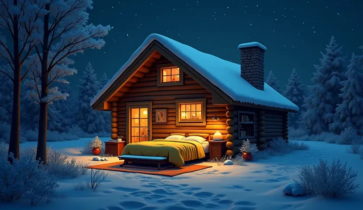 Cozy cabin . yellow bed bedsheet blanket. yellow. rug. chimney. snow. dark night.  Dim light in the room . vase.  bookshelf. dark night screen. 