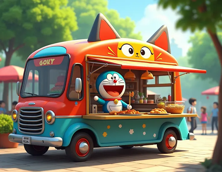 A colorful, futuristic food truck shaped like a cartoon cats face, surrounded by s playing in a sunny park. Doraemon, smiling, serves freshly grilled skewers while cheerful music plays from the truck.