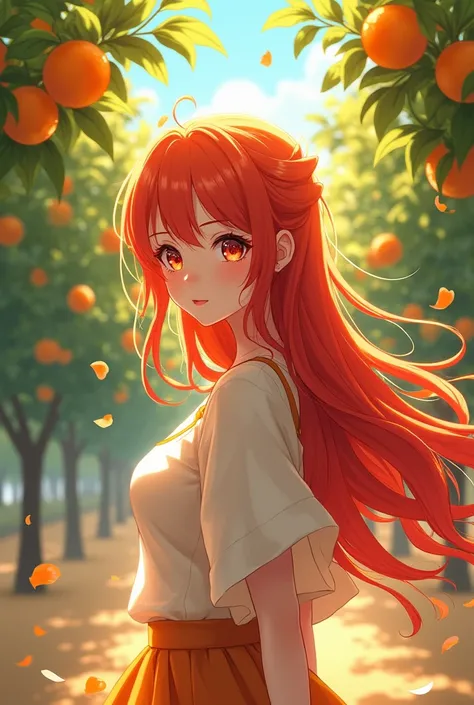 anime girl with long red hair in orange farm