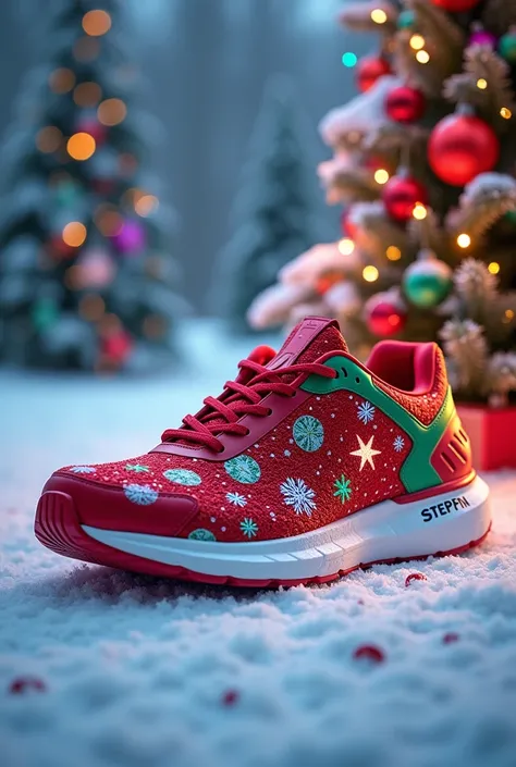 Running shoe , with red base , green and white, decorated with lots of colorful balls,  glowing stars and snowflakes printed on the sneaker,  with white sole with STEPN written in black . In the snow with colorful and shining Christmas tree 