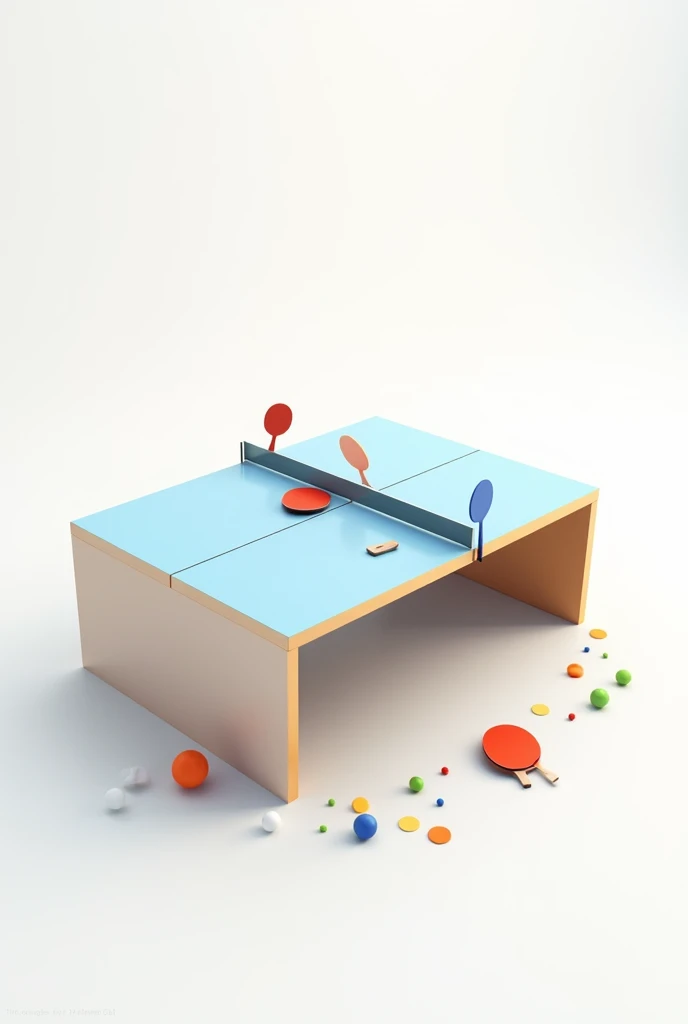 table tennis design ,  with white background and colored spots with the table without showing the legs or the side and rackets on the sides and the ball on the table