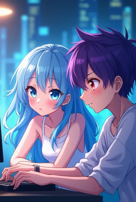 Create an 18-Year-Old Anime Girl Whos Name Emi With Light Blue Hair And Sky Blue Eyes Create An 18-Year-Old Anime Boy Who Is Called 18-Year-Old Sai With Purple Hair And Red Eyes What Sai Is Working On A Computer