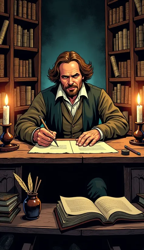 A detailed comic-style portrayal of William Shakespeare, writing passionately at a wooden desk, with quills, parchment, and an open book nearby. The room is lit by flickering candlelight, and the background features shelves filled with scrolls and books. H...