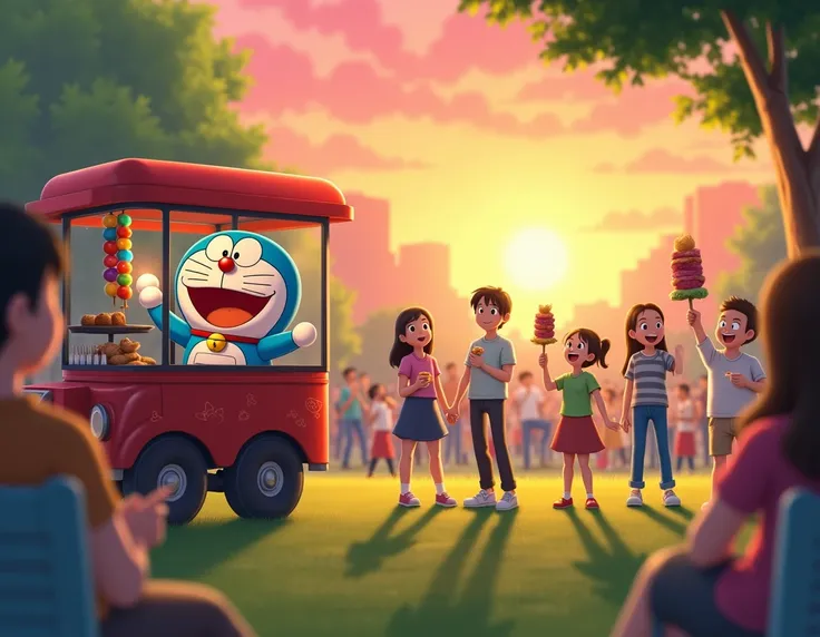 A sunset-lit park filled with happy ren enjoying colorful skewers. Doraemon waves goodbye from his food truck with an empty skewer tray, looking proud and content. The sky is painted in warm orange and pink tones