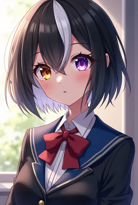  A beautiful girl with short hair is half black and half white, however, the hair on her temples is very long , she has heterochromia, her left eye is yellow and her right eye is purple,  is wearing a beautiful and comfortable magic academy uniform 