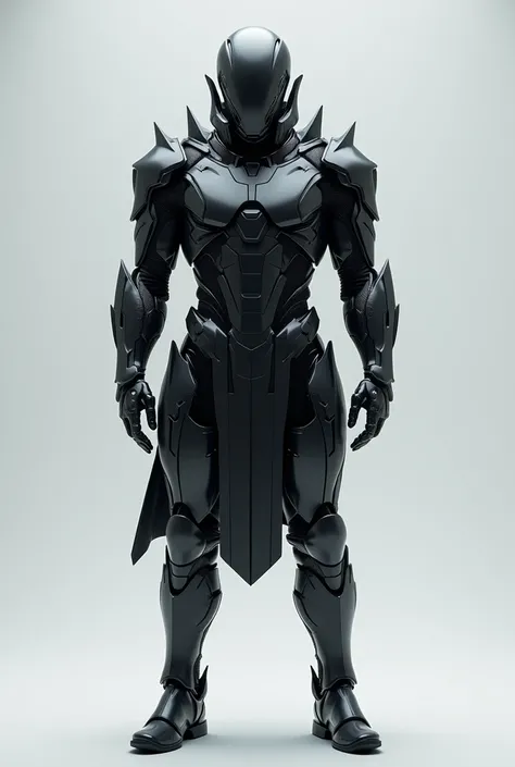 Reza Rahardian ,  wearing futuristic armor with dark metallic touches,  front view , wearing boots, Create with light gray background 