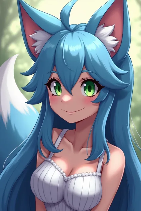 A beautiful and detailed (sweet portrait) wa ((krystal)), Star Fox krystal, sslim, lovable, green eyes, medium breasts, (((Long blue hair 1.3))), Decollete, grin, look up,, anthro, furry, Uploaded E621, detailed fluffy fur, (wa Fluff-Kevlar, Bayard Wu, per...