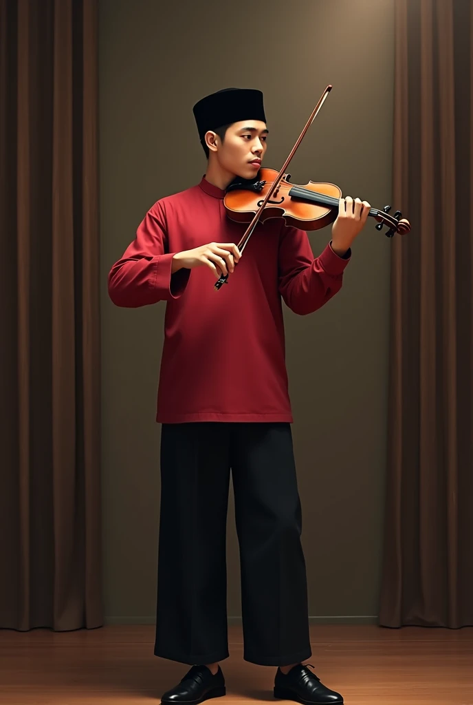 realistic Indonesian man, 25 years old, white, clean, black hair, wearing a black Muslim cap on his head and also wearing a red Muslim shirt, long black trousers and wearing black shoes, he plays the violin calmly while standing in the music studio