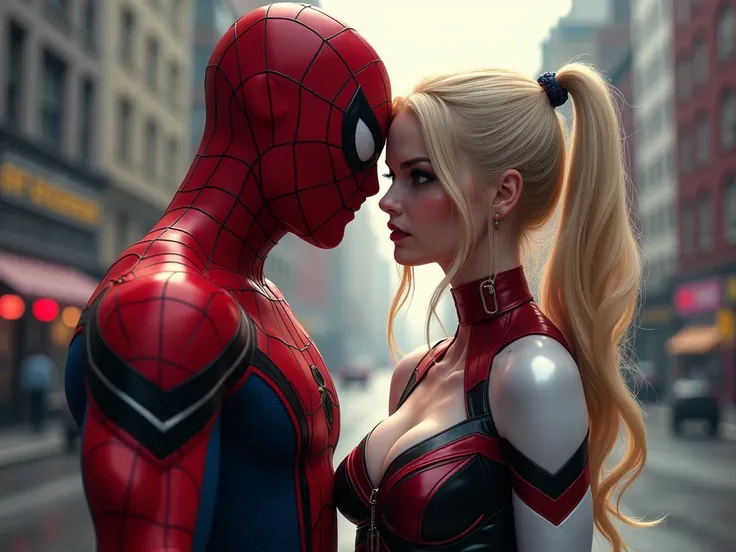 Wallpaper of Peter Parker and Harlequin together looking at the viewer and away from the camera

Peter: without mask, moreno, high, 18 years old, Athletic but thin body , um jovem muito bonito utilizando seu traje venom without mask.
Harley Quinn: Blonde w...