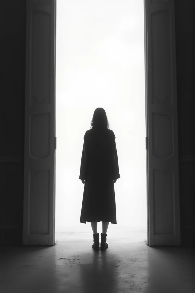 Draw an image in black and white. The doors open to a white sky, and a black figure stands in the middle of the open space between the doors. The image is viewed from behind the black figure, looking out through the doors.

