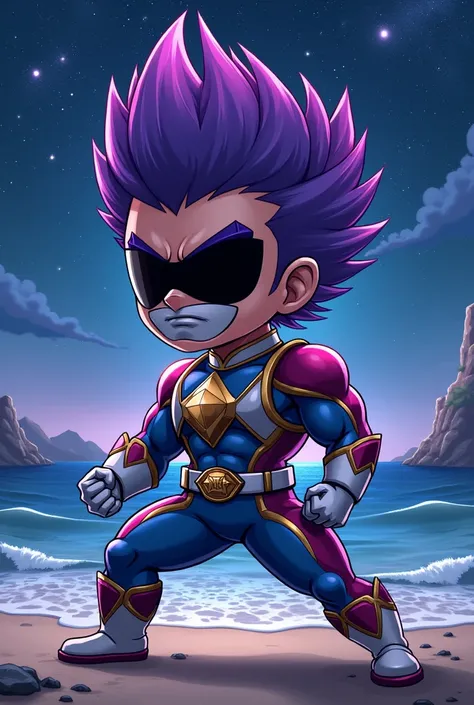 Create an image of a purple haired power ranger clothes, chibi muscle girl, night beach, sky, thicc, muscle legs,