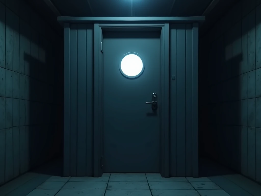  Cinematic scene of a door of a public toilet booth, anime style, dark scenery with circular lighting on the door , quality photo, terror, mystery