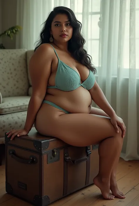 A plus-size Indian woman, dressed in powder-blue lingerie, sits serenely on a weathered suitcase near a large window. Pale sunlight streams through sheer curtains, casting a soft glow over the wooden floors and vintage armchair in the room.