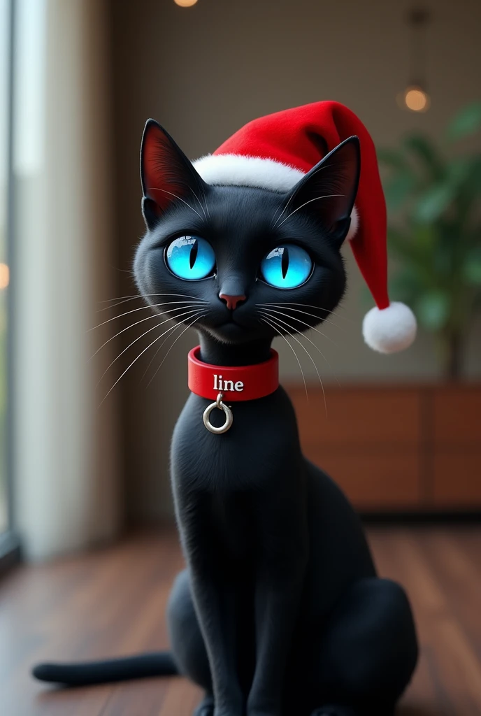 Make a black cat , with flashy blue eyes ,  and wearing a red collar written: line,  and beautiful,  and leave the background of a chic house,  and also make her a pup,  and make her thinner , And Christmas hat ,  a cat with little fur 