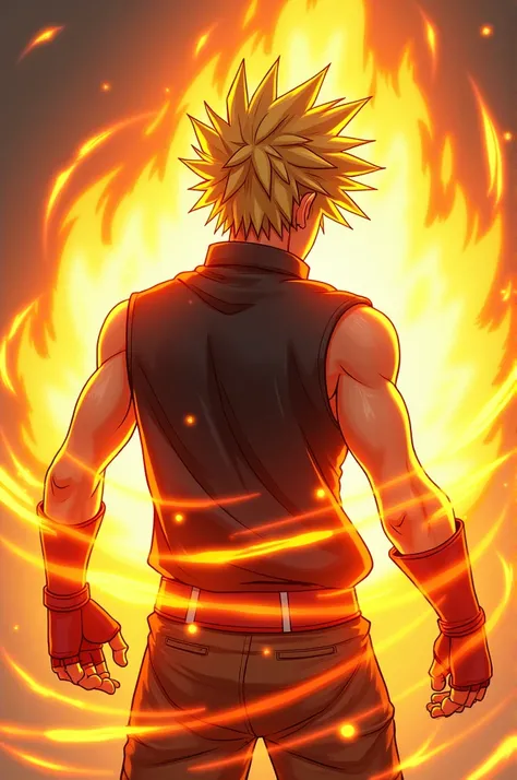 A 22 year old boy with blonde spikey hair. His back facing the screen with a ball of fire circulating his body. He has finger gloves on and a sleeveless jacket 