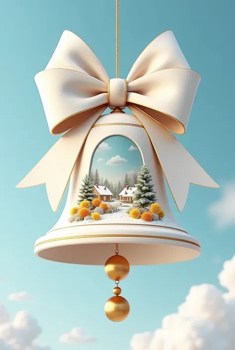 A realistic 3D image shows a delicate white New Years bell adorned with a giant, lush bow and gold details, decorated with vibrant and delicate flowers. Inside the bell, there is a painting of an idyllic winter village: houses with white roofs covered in s...