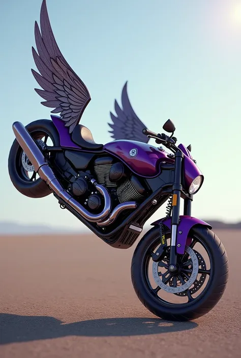 A purple TVS raider motor with angel wings, Doing wheelie. 