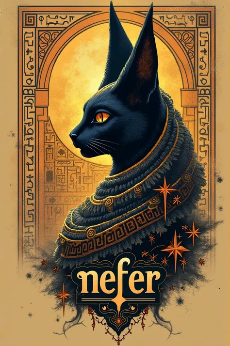 Create a photo for t shirts back print, packed with Egyptian ancient letters and symbols. Amidst of that "NEFER" logo should be shown. Symbols and texts should be all over other than the area covering "NEFER" LOGO. Same design Use animal as "bastet". Baste...