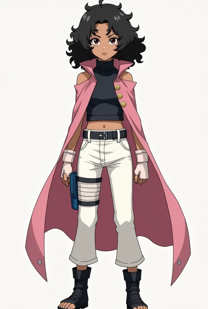 Ninja from the Naruto , dark-skinned brunette girl . black curly hair,  brown eyes with a little white makeup ,  manga style by Masashi Kishimoto ,  wearing a sleeveless turtleneck shirt ,  showing her shoulders ,  white pants,  military posture ,  with a ...