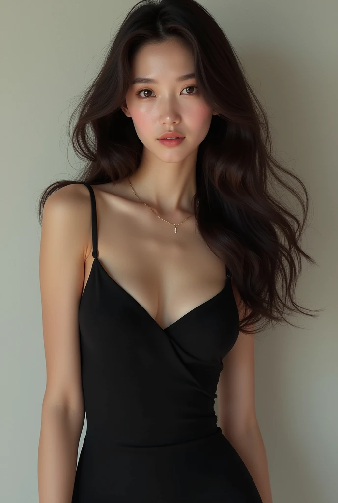 A beautiful young Korean woman, black tight dress , with brown hair 