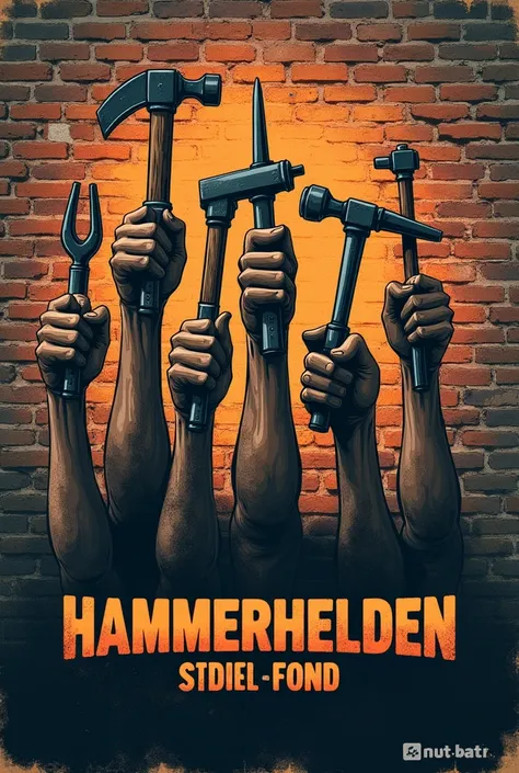 pictorial font "Hammerhelden ".  Hands holding up the tools .  In the background an old brick wall. 