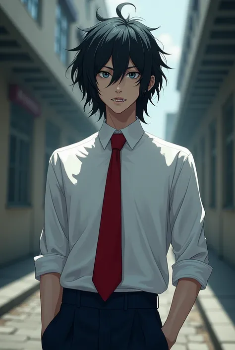  old boy,  1 meter 78 centimeters tall ,  shoulder-length black hair with a silver tuft that falls on his face , black eyes with white pupil ,  expressionless face,  athletic build,  sharp fangs,  wears a school uniform consisting of a white shirt with sle...