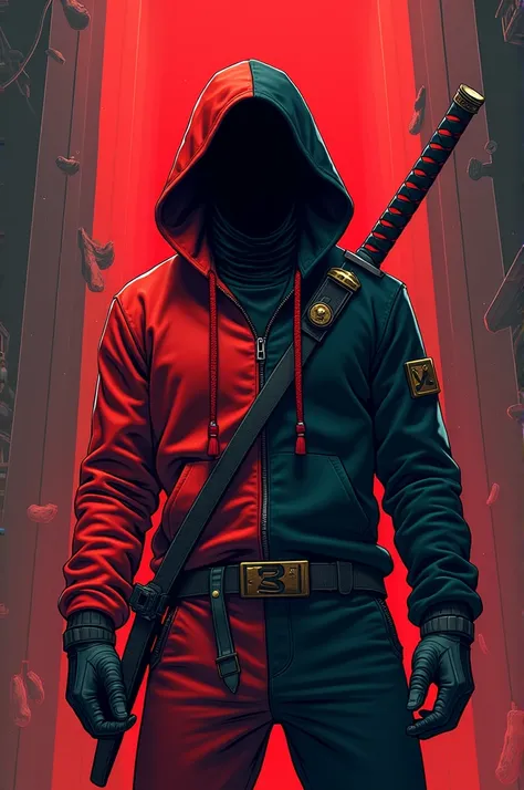 Generate a man in a red and black suit the colors are divided side by side he wears a hoodie he wears two katanas his name is a space knight but it has nothing to do with a knight he is an antihero and he is not a robot the ART style is caton like habizin ...