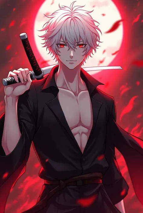  Create a male anime character, white haired,  red eyes,  fair skin , wearing black clothing ,  with a reddish aura , with two katanas, one white and one black, Does he have a male body 