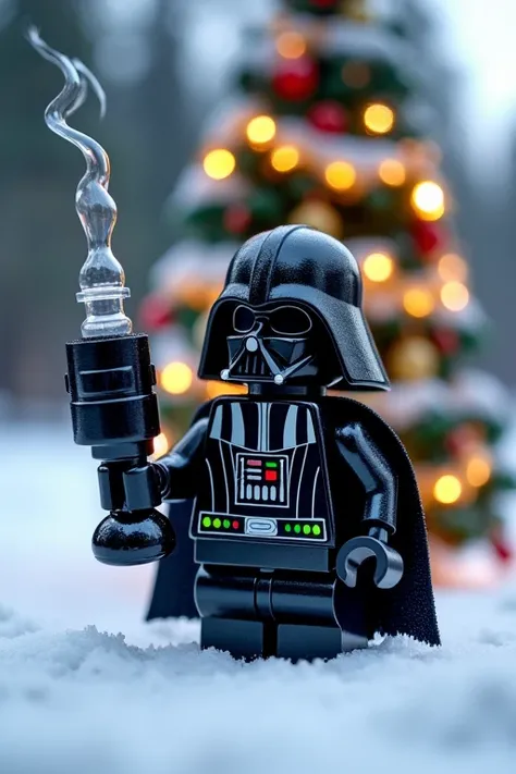 Нарисуй минифигурку lego dart vader , who is standing waist-deep in the snow ,  in his hand he has a black light blaster in the form of a smoking bong ,  in the background there is a coniferous forest in the distance , and behind the minifigure there is a ...