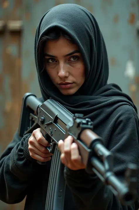 A woman in a hijab aiming a ak47