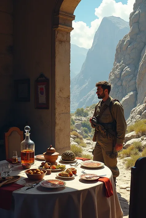 Do a picture where on the left side there is a table with wiskey,cake and cooked artichoke on the left side of the picture. On the right side a turkis soldier fighting for his life in greece in hard conditions on the right side of the picture. The size of ...