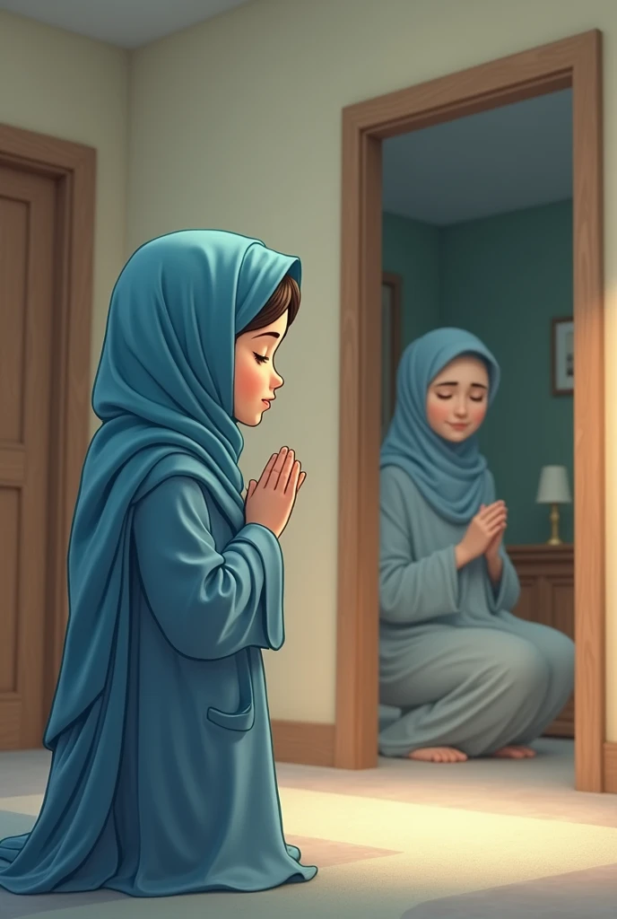 A girl wear blue hijab prayer on matte make dua.and a grandmother outside bedroom standing cartoon