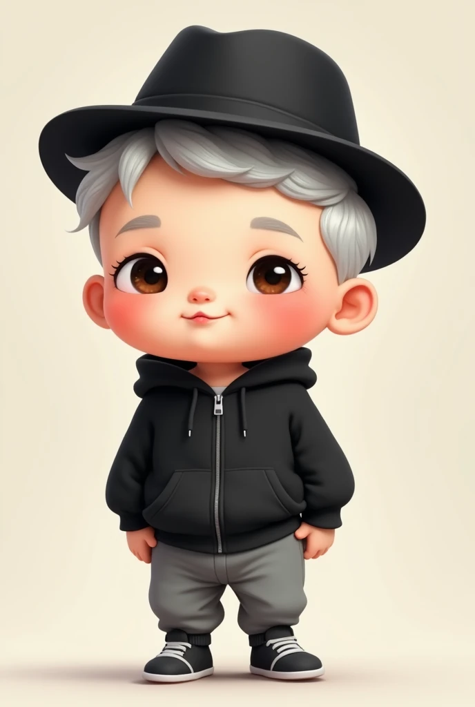 Generate me a boy that is mini and a bit plump and that is wearing a black fedora, has white short hairs, is wearing a black zip hoodie and wearing a gray sweats