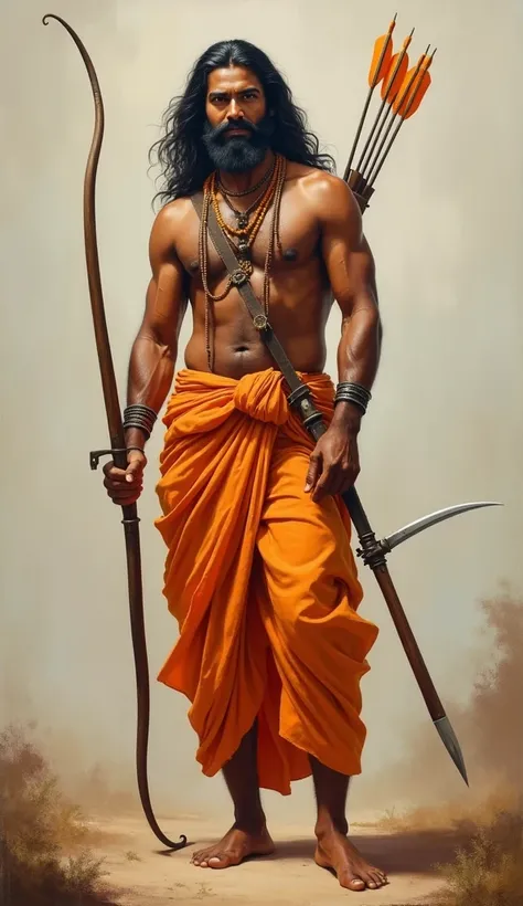 A smooth oil color painting, full-standing portrait of Alluri Sitarama Raju, depicted as a handsone towering and dignified revolutionary leader exuding unmatched strength and resilience. He has a tall, lean, and muscular physique,  His rectangular face is ...