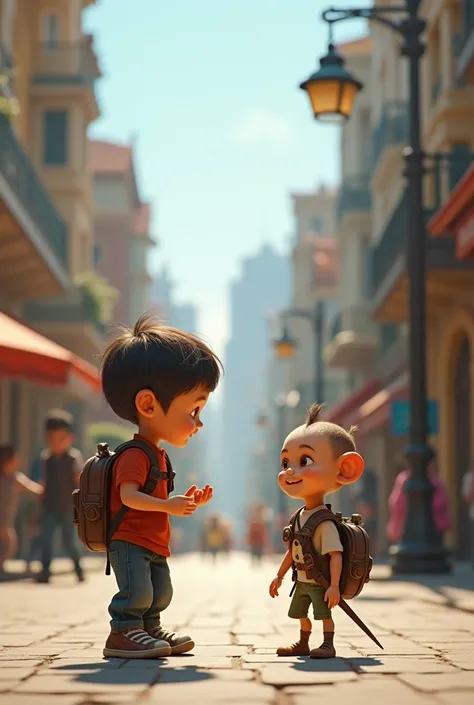 A boy playing with an animated toothpick soldier on the street