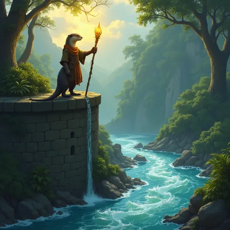 until,  digital illustration ,  highly detailed ,  tongue ,  an unrealistic illustration ,  digital painting :  On a wall of a medieval city ,  located on the edge of a wide river in a tropical forest ,  an otter dressed as a wizard is positioned in an out...