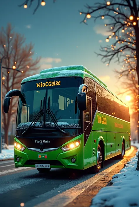 Procure Viação Garcia  viagens de ônibus no google,  and use an image related to this company and create a Christmas logo,  prioritize the companys image "Viação Garcia " and insert a green Marcopolo G8 bus