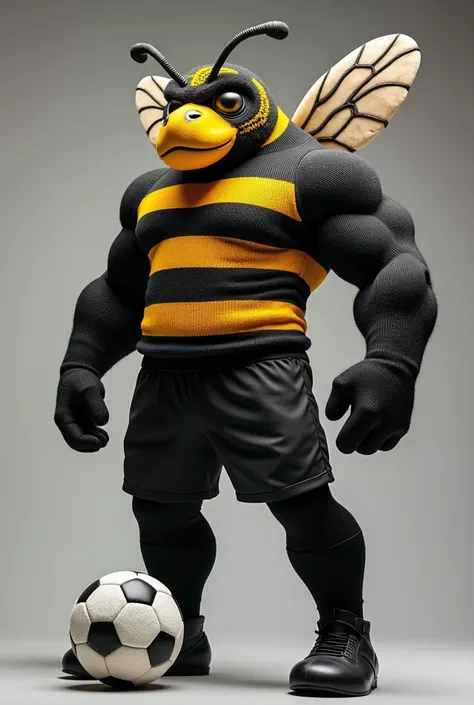  A mascot of a very giant and strong and ferocious muscular bee thick arms black and gray striped shirt,Black shorts black socks black boot , standing on top of a soccer ball large and strong well knitted bee  