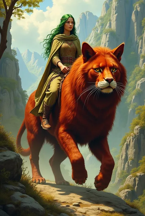  You could draw a green-haired woman dressed in medieval clothes riding a giant red feline? Simulating oil painting  