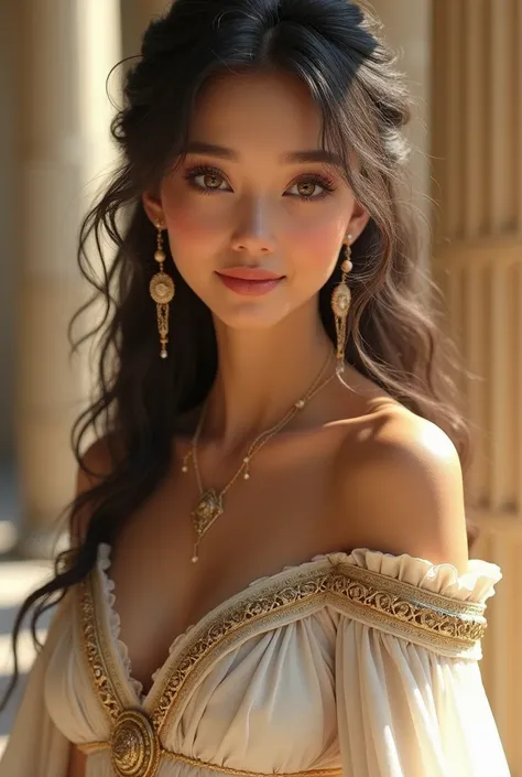 
 Create a 20-year-old woman with feminine and soft features, exotic beauty,  elongated light brown eyes .  Wear a Greek priestess dress . Magnetic and cheerful appearance