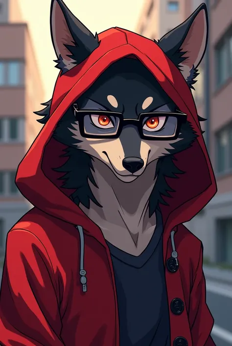 Gere um lobo marom de casaco vermelho de óculos de retângulo o nome dele é lobo boyola estilo de ART anime ele é um lobo adulto e magro ele está com um olhar suspeito 😏😏 com cara de safado
