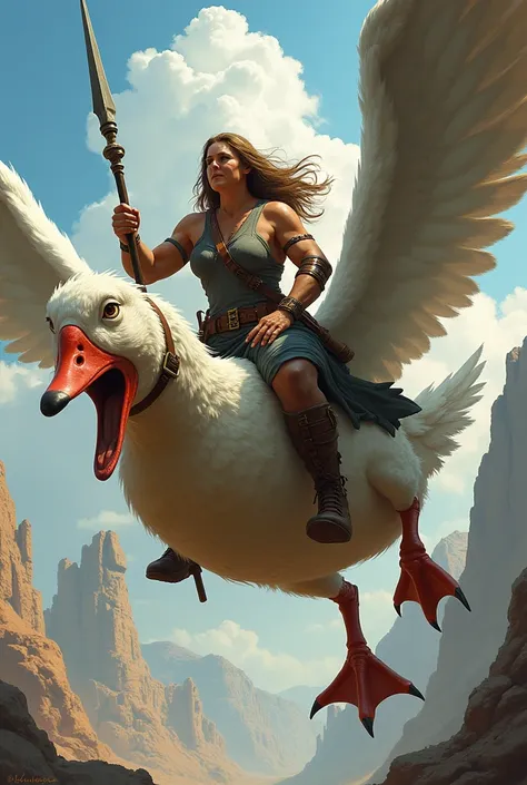 You could draw a middle-aged lady ,robusta,  flying around riding a giant fighting duck and brandishing a spear? 